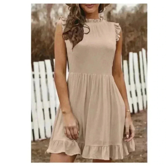 🆕Boho Trendy Khaki Ruffle Sleeveless A-Line Dress S🆕 - Picture 3 of 11
